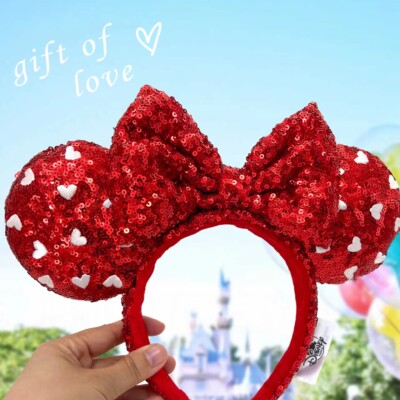 Mickey Mouse Red Heart Sequin Bow Girl Minnie Ears Disney Parks Headband 2022-image