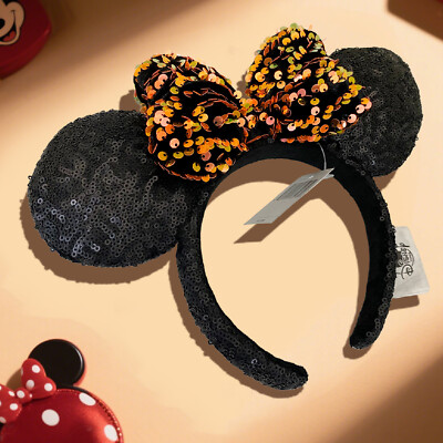 Tokyo DisneyParks Resort Headband Minnie Mouse Ears Black Orange Ribbon Sequin-image