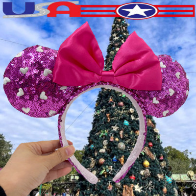 Disney Parks Valentines White Heart Pink Sequin Minnie Ears Headband US💖-image