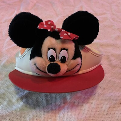 Vintage 1980’s Walt Disney World Plush Hat Minnie Mouse Head Visor Cap Red Bow-image