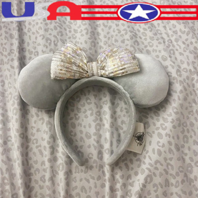 Disney Parks Winter Frost Grey Sequin Bow Ears Minnie Mouse Ears Headband US💖-image