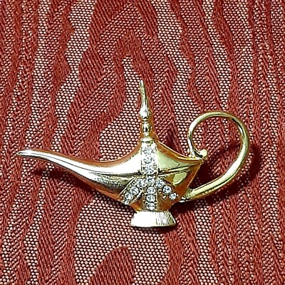 Gold Genie Magic Lamp Jeweled Brooch/Pin Stone Jewelry Vintage GIFT -image