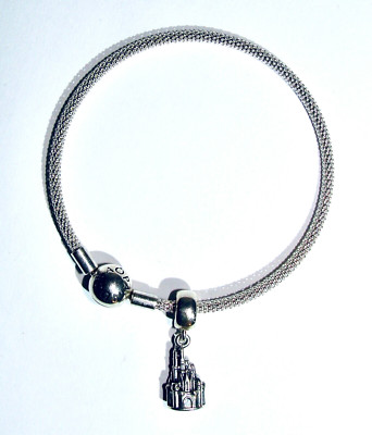 PANDORA STERLING SILVER MESH BRACELET W/ WALT DISNEY WORLD CASTLE CHARM 925-image
