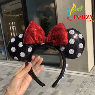 Disney Parks Minnie Mouse Sequined Black White Polka Dot Red Bow Ears Headband-image