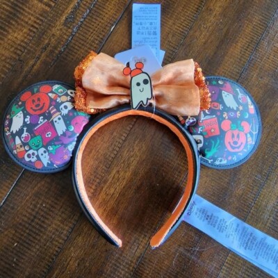 Disney Parks Happy Halloween Minnie Ghost Sequin Bow Pumpkin Headband Ears-image