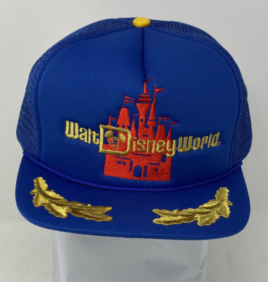 vtg 1980s WALT DISNEY WORLD mesh trucker snapback hat blue gold leaf New w/ Tags-image