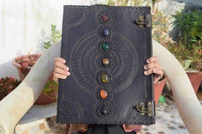 Handmade Extra Large Seven Stone Notebook Black Leather Journal Book of Shadows-image
