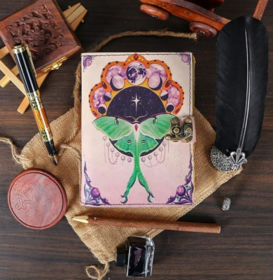 Book of Shadows Journal with Lock Clasp Vintage Handmade Leather Luna Moth 7X5-image