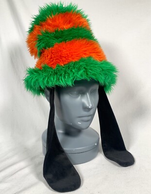 Walt Disney World GOOFY Hat Disneyland Green Orange Striped Fur Cap Ears Adult-image