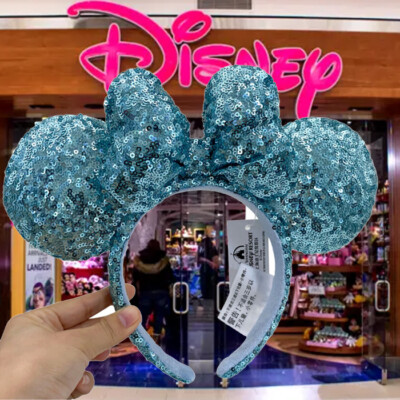 Disney-Parks Tokyo Minnie Ears Headband Aqua Blue Sequin Padded Bow Disneyland-image
