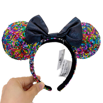 Disney-Parks Minnie Mouse Ears Rainbow Sequin Bow Ears Headwear Party Gift-image