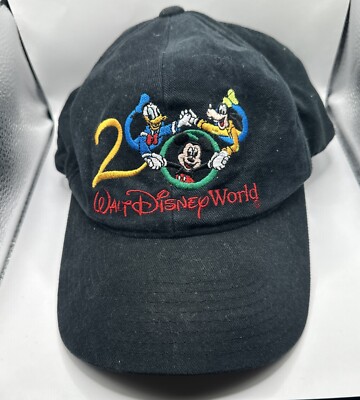 Vintage Disney World Black Hat 2000 Y2K Strapback Mickey Mouse Goofy Donald Duck-image