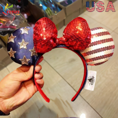 Disney Parks American Flag Bow Stars Sequins Mickey Mouse Minnie Ears Headband-image