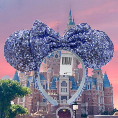 US Disney.Parks Blue Sequins Bow Ears Anniversary Minnie Mouse Headband-image