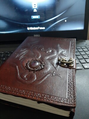 Vintage leather journal, Dragon -Amethyst Stone- buffalo leather Grimoire-image