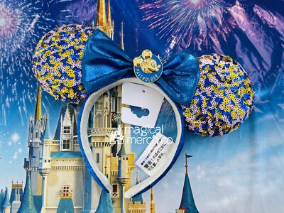 2021 Disney Parks WDW Annual Passholder AP Blue Sequined Minnie Mouse Bow Ears-image