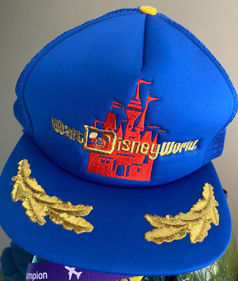 Vintage 80’s Walt Disney World Hat Trucker Gold Leaf Embroidered Mesh Back Blue-image