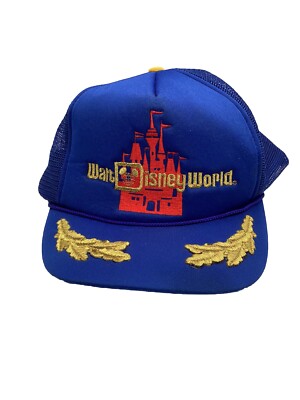 Vintage Rare Walt Disney World Hat Trucker Gold Leaf Embroidered Mesh Back Blue-image