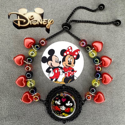 MICKEY & MINNIE MOUSE Handmade Black Slider Cabochon Charm Bracelet HEARTS ✨ NEW-image