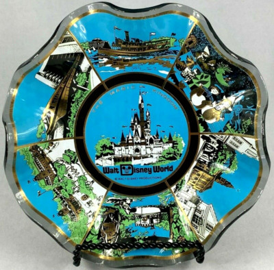Walt Disney World The Magic Kingdom Trinket Tray Ruffled Glass Vintage Gold Trim-image