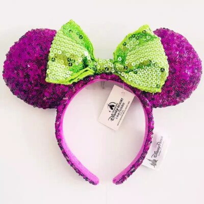 Disney Parks Halloween Purple & Green Sequin Bow Mickey Mouse Ears Headband-image