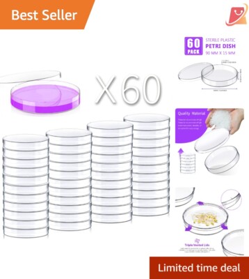 60 Pack Sterile Plastic Petri Dishes 90mm Vented For Lab Analysis Research-image