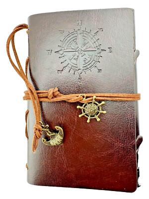 Cognac Brown Leather Bound 150-Kraft Page 6x4 Journal Engraved with a Compass-image