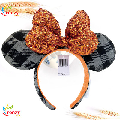 Minnie Mouse Ears Orange Bow Sequin Halloween Plaid Disney Parks Headband-image