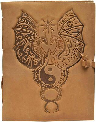 Double Dragon Yin-Yang Leather Journal Handmade Notebook Blank Diary Deckle Edge-image