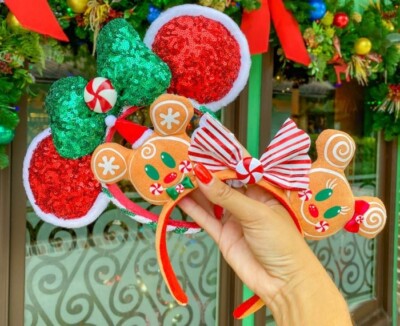 2PCS Christmas Gingerbread Peppermint Green Red Bow Disney Parks Ears Headband-image
