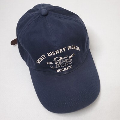 Walt Disney World Mickey Mouse Hockey Leather Strapback Navy Blue Dad Hat VTG -image