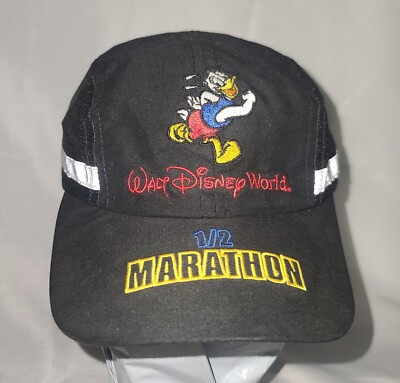 VTG Walt Disney World 1/2 Marathon Donald Duck Black Strap Back Running Hat 1999-image