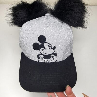 Disney Parks Mickey Mouse Sparkly Black Silver Pom Pom Hat Ball Cap Adult Unisex-image
