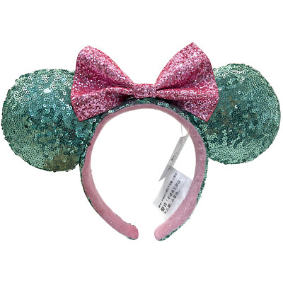 Disney~Parks Aqua Teal Minnie Mouse Ears Sequin Bow Pink Sugar Rush Headband-image