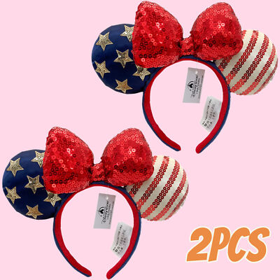 Disney-Parks Bow Minnie Ears Stars USA Flag Sequins Mickey Mouse Headband 2Pcs-image