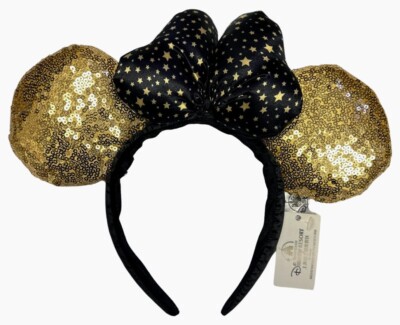 Disney Parks Minnie Mouse Ears Bow Black Gold Sequin 🌟 Headband US Fast Ship-image