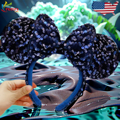 Tokyo Disney Parks Midnight Blue Velour Sequin Minnie Mouse Ears Bow Headband-image