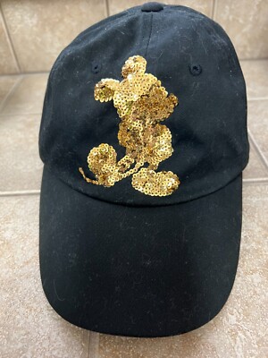 Disneyland Exclusive Mickey Mouse Black Baseball Hat Cap Gold Sequins Adult Size-image