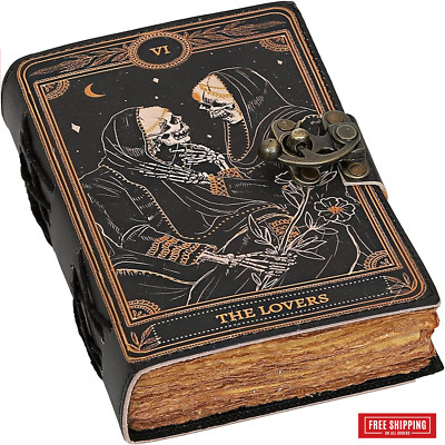 Book of Spells Leather Journal Deckle Edge Paper Grimoire The Lovers Tarot Skull-image