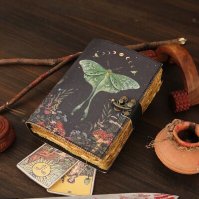 Rustic vintage handmade leather luna moth blank spell writing notebook for gift-image