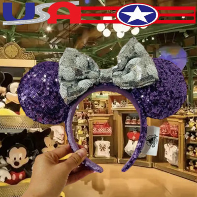 Disney Parks Rare Mickey Purple Silver Bow Sequins Shanghai Headband Ears US💖-image