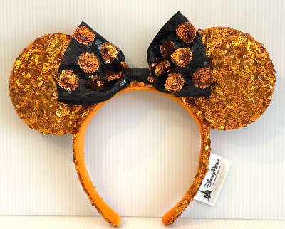 Disney Parks Minnie Ears ~ Halloween Orange Sequins Headband with Polkadot Bow-image