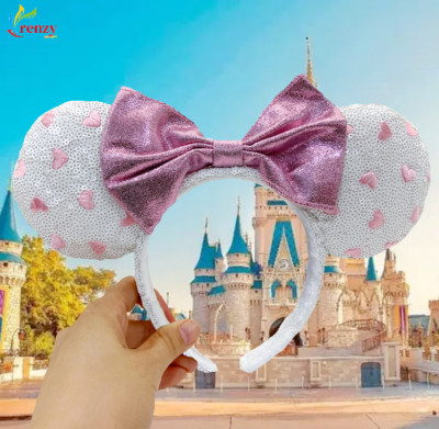 White Heart Sequin Mickey Mouse Minnie Ears Disney Parks Pink Bow Headband-image