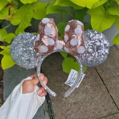 Disney Parks Silver Sequin Ears Rose Gold Polka Dot Bow Minnie Mouse Headband-image