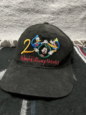 Vintage Walt Disney World 2000 Black Adjustable Hat VTG Mickey Donald Duck Goofy-image