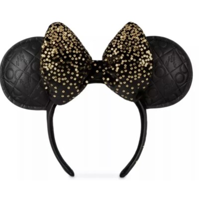Disney World 50th Anniversary Black Luxe Gold Minnie Headband Ears Sequin  - NEW-image