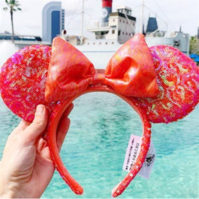 Disney Parks Exclusive Minnie Ear Headband Coral Sparkling Sequins Orange Red-image