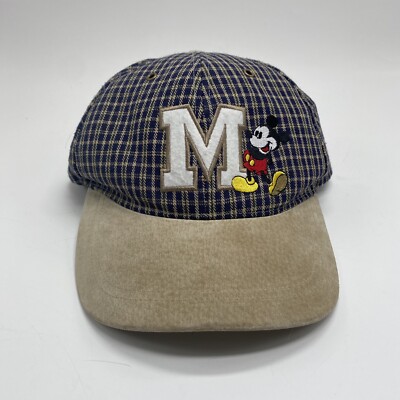Vintage Walt Disney World Mickey Mouse M Logo Patch Hat Plaid Strapback Grandpa-image
