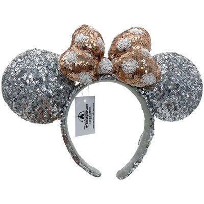 Silver Sequin Ears Rose Gold Polka Dot Bow Disney~Parks Minnie Mouse Headband-image