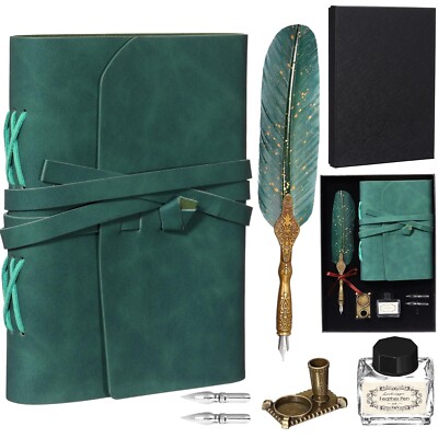 6 Pcs Vintage Leather Bound Journal Feather Pen Set Gifts 220 Pages Vintage J...-image